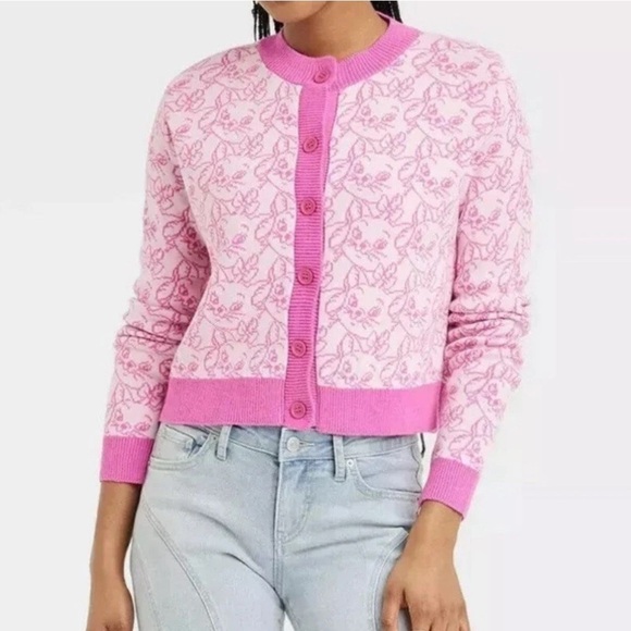 Disney X Skinnydip Womens Aristocats Marie Graphic Cardigan Sweater Medium Pink - Picture 1 of 12